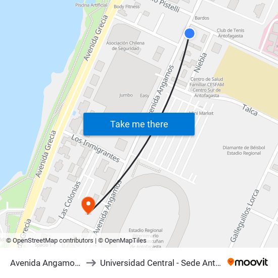 Avenida Angamos, 303 to Universidad Central - Sede Antofagasta map