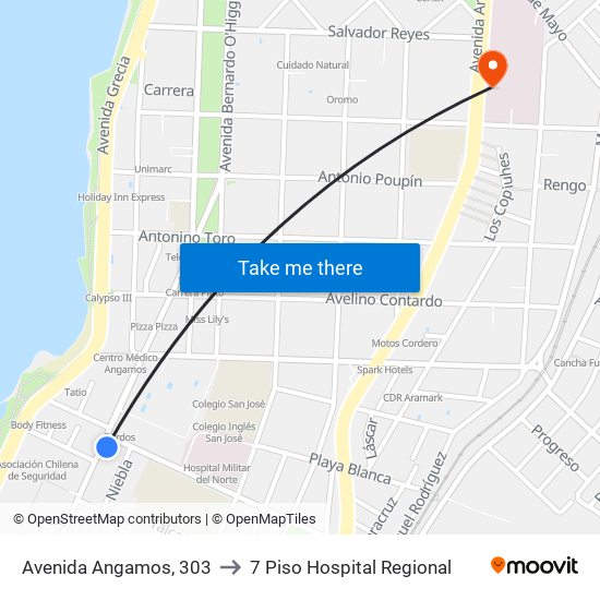 Avenida Angamos, 303 to 7 Piso Hospital Regional map