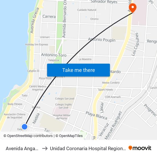 Avenida Angamos, 800 to Unidad Coronaria Hospital Regional de Antofagasta map