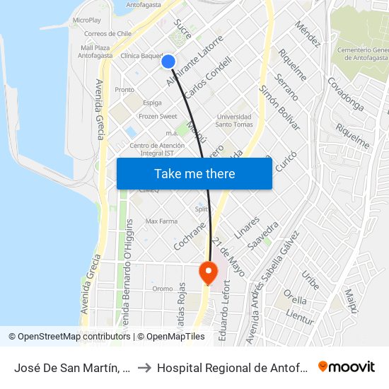 José De San Martín, 2514 to Hospital Regional de Antofagasta map