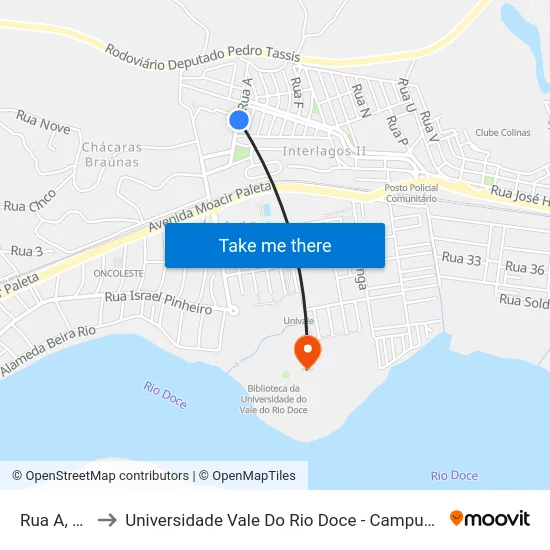Rua A, 56 to Universidade Vale Do Rio Doce - Campus II map