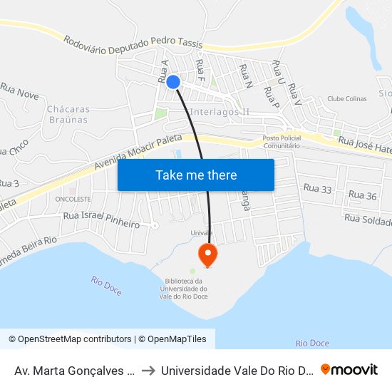 Av. Marta Gonçalves Reis, 46 | Bar to Universidade Vale Do Rio Doce - Campus II map