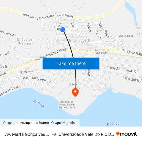 Av. Marta Gonçalves Reis, 46 | Bar to Universidade Vale Do Rio Doce - Campus II map