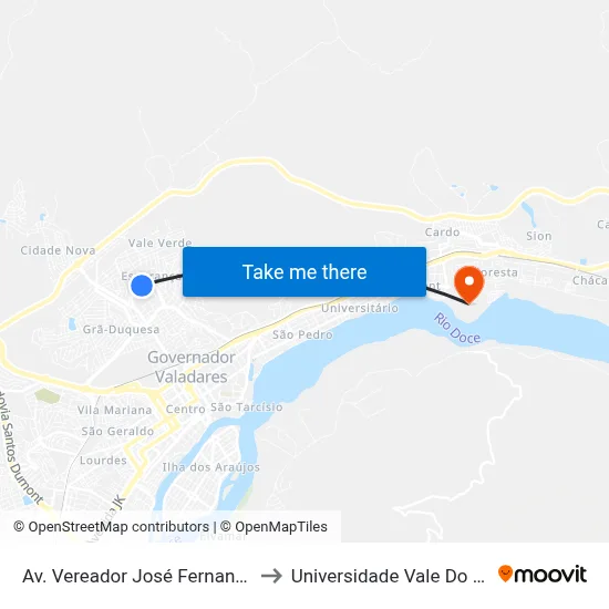 Av. Vereador José Fernandes, 614 | Depósito Leal to Universidade Vale Do Rio Doce - Campus II map