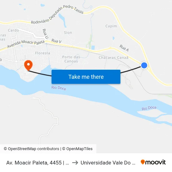 Av. Moacir Paleta, 4455 | Ponto Final Do Capim to Universidade Vale Do Rio Doce - Campus II map