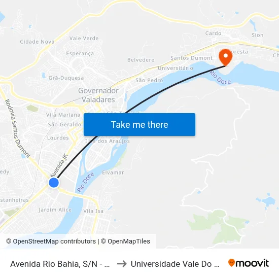 Avenida Rio Bahia, S/N - Governador Valadares to Universidade Vale Do Rio Doce - Campus II map