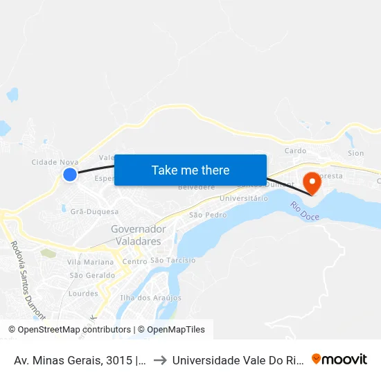 Av. Minas Gerais, 3015 | Morada Do Vale III to Universidade Vale Do Rio Doce - Campus II map
