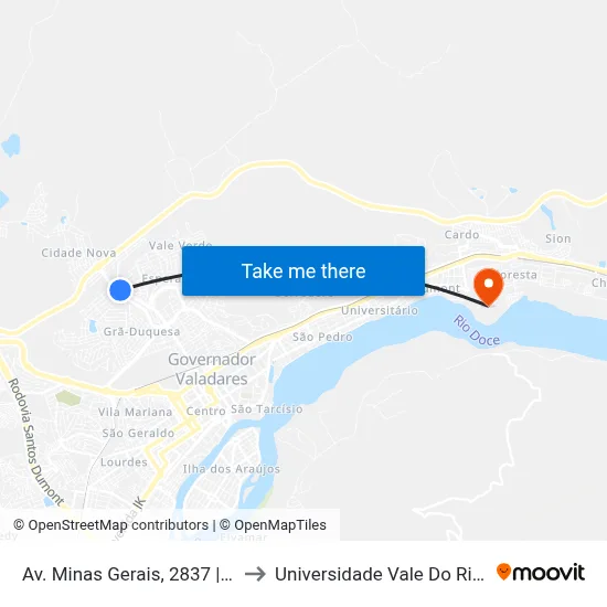 Av. Minas Gerais, 2837 | Posto De Gasolina to Universidade Vale Do Rio Doce - Campus II map