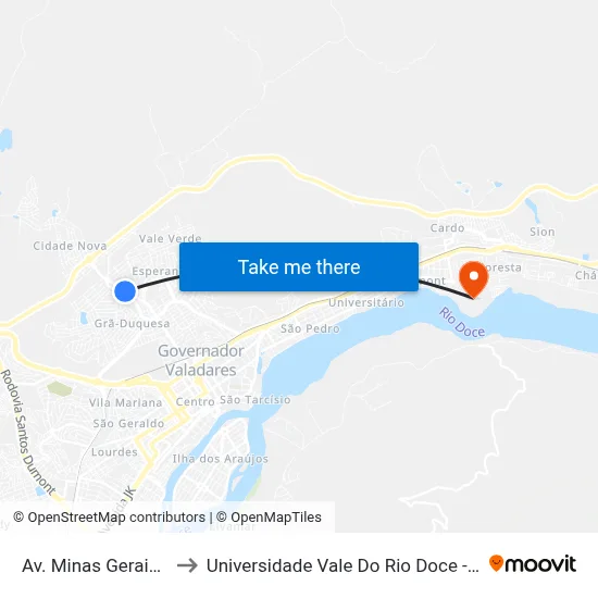 Av. Minas Gerais, 2581 to Universidade Vale Do Rio Doce - Campus II map