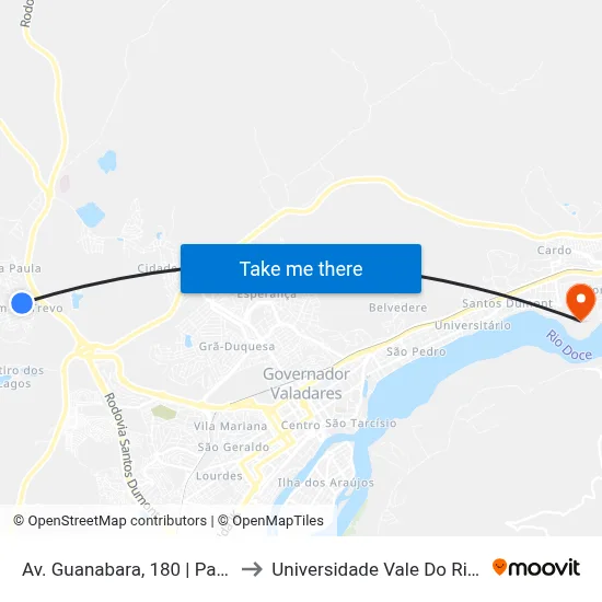 Av. Guanabara, 180 | Paróquia Santa Paula to Universidade Vale Do Rio Doce - Campus II map