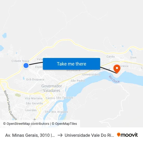Av. Minas Gerais, 3010 | Morada Do Vale III to Universidade Vale Do Rio Doce - Campus II map