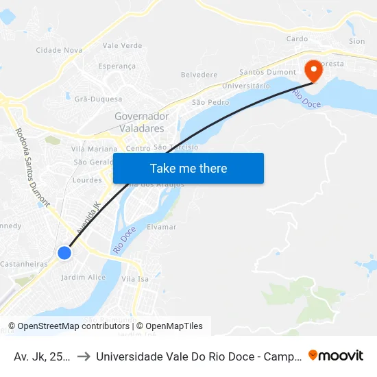 Av. Jk, 2571 to Universidade Vale Do Rio Doce - Campus II map