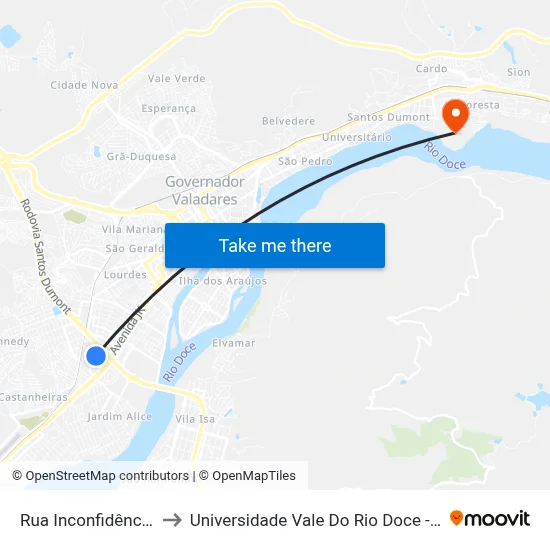 Rua Inconfidência, 415 to Universidade Vale Do Rio Doce - Campus II map
