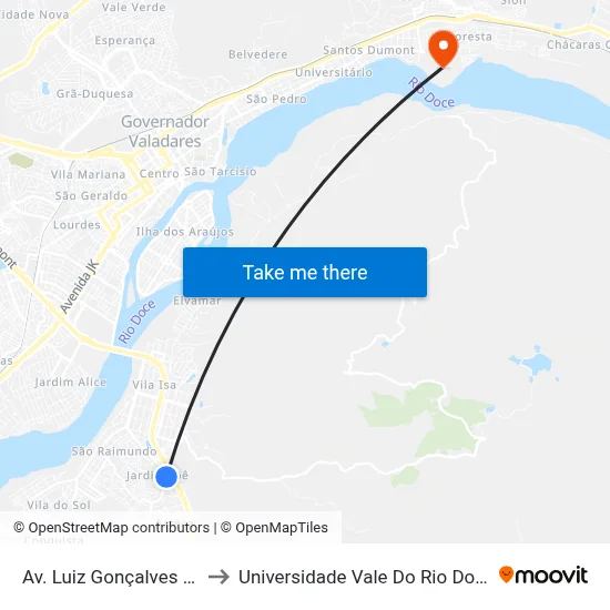 Av. Luiz Gonçalves Lessa, 936 to Universidade Vale Do Rio Doce - Campus II map