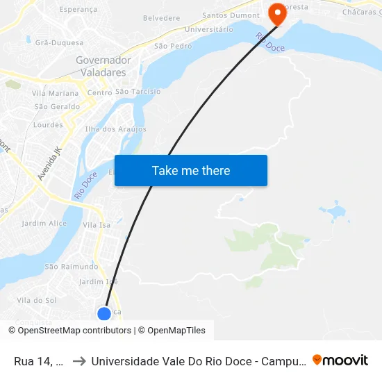 Rua 14, 15 to Universidade Vale Do Rio Doce - Campus II map