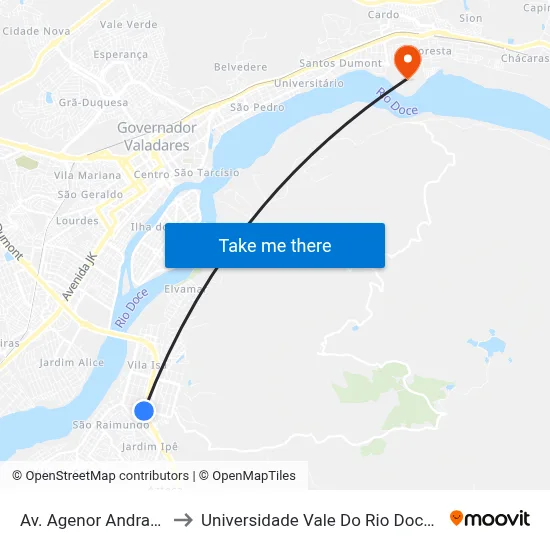 Av. Agenor Andrade, 1750 to Universidade Vale Do Rio Doce - Campus II map