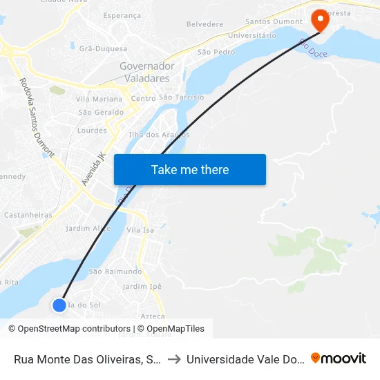 Rua Monte Das Oliveiras, S/N - Governador Valadares to Universidade Vale Do Rio Doce - Campus II map