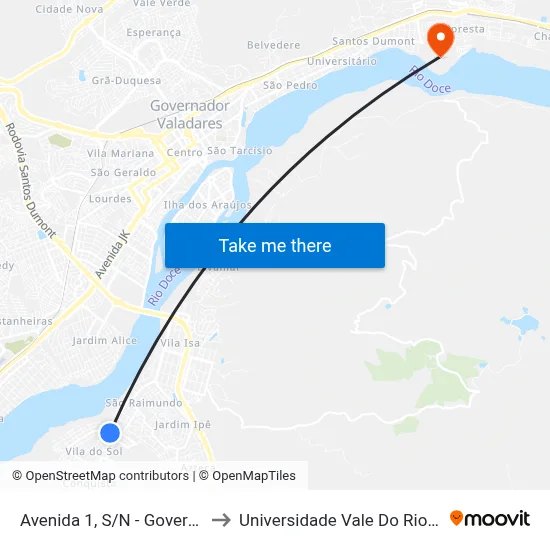 Avenida 1, S/N - Governador Valadares to Universidade Vale Do Rio Doce - Campus II map