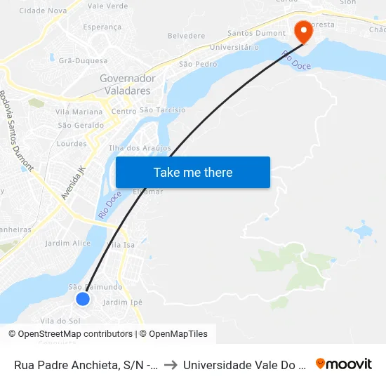 Rua Padre Anchieta, S/N - Governador Valadares to Universidade Vale Do Rio Doce - Campus II map