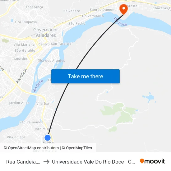 Rua Candeia, 218 to Universidade Vale Do Rio Doce - Campus II map