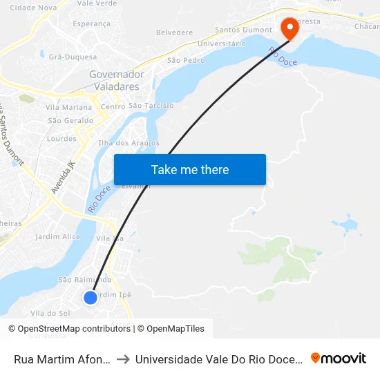 Rua Martim Afonso, 317 to Universidade Vale Do Rio Doce - Campus II map