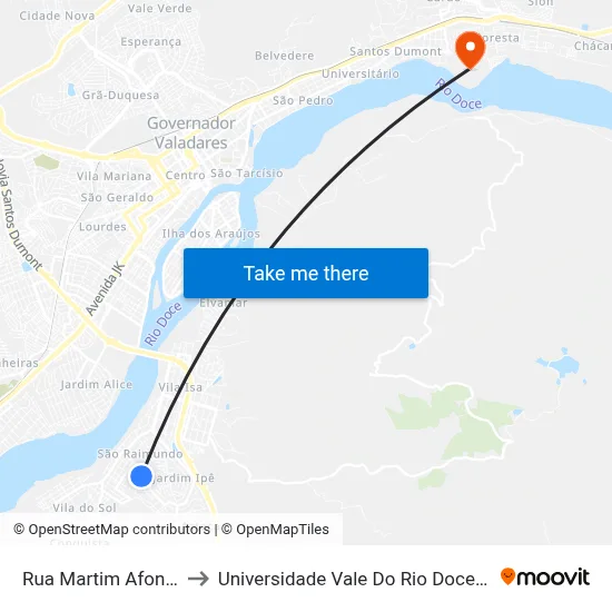 Rua Martim Afonso, 147 to Universidade Vale Do Rio Doce - Campus II map