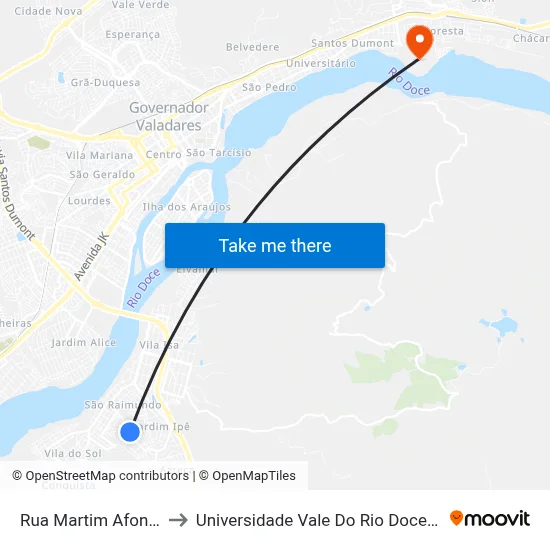 Rua Martim Afonso, 310 to Universidade Vale Do Rio Doce - Campus II map