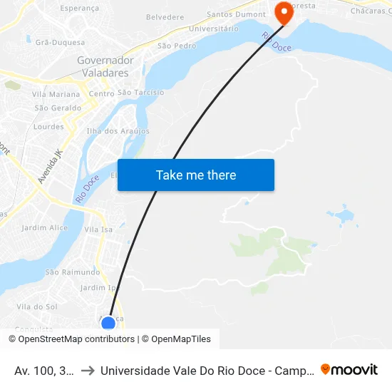 Av. 100, 398 to Universidade Vale Do Rio Doce - Campus II map