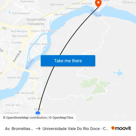 Av. Bromélias, 325 to Universidade Vale Do Rio Doce - Campus II map