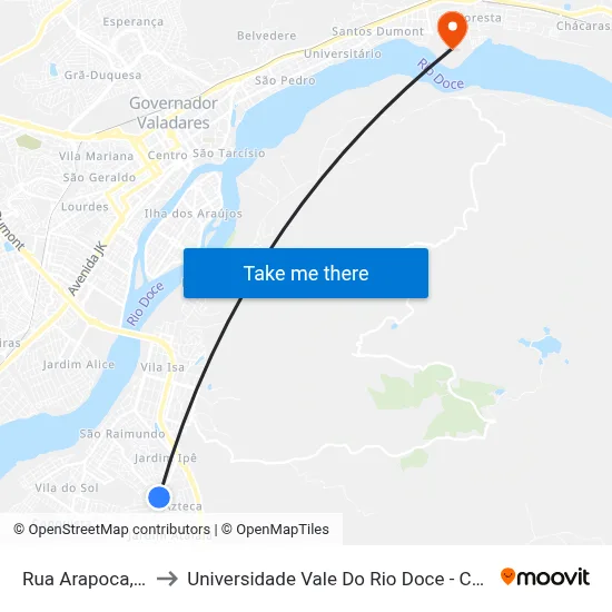 Rua Arapoca, 199 to Universidade Vale Do Rio Doce - Campus II map