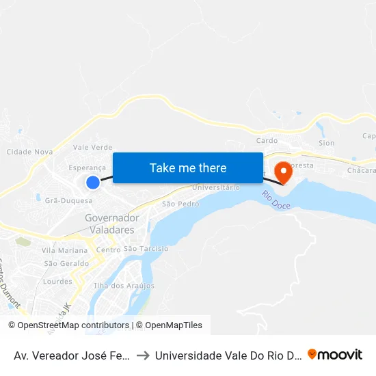 Av. Vereador José Fernandes, 119 to Universidade Vale Do Rio Doce - Campus II map