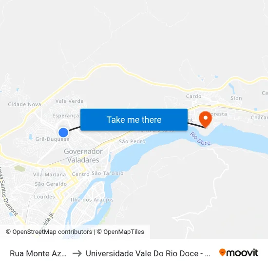 Rua Monte Azul, 46 to Universidade Vale Do Rio Doce - Campus II map