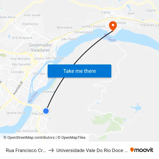 Rua Francisco Cruz, 100 to Universidade Vale Do Rio Doce - Campus II map