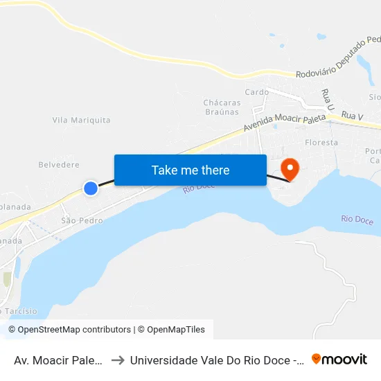 Av. Moacir Paleta, 399 to Universidade Vale Do Rio Doce - Campus II map