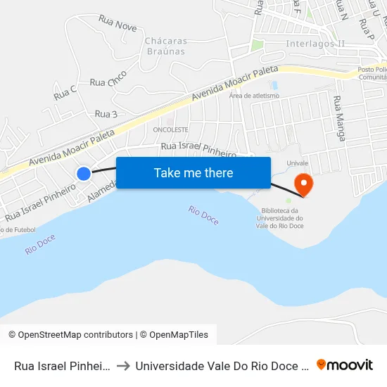 Rua Israel Pinheiro, 831 to Universidade Vale Do Rio Doce - Campus II map