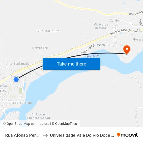 Rua Afonso Pena, 1916 to Universidade Vale Do Rio Doce - Campus II map