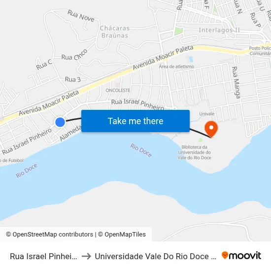 Rua Israel Pinheiro, 812 to Universidade Vale Do Rio Doce - Campus II map