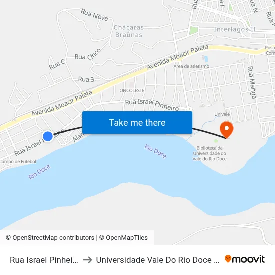 Rua Israel Pinheiro, 565 to Universidade Vale Do Rio Doce - Campus II map