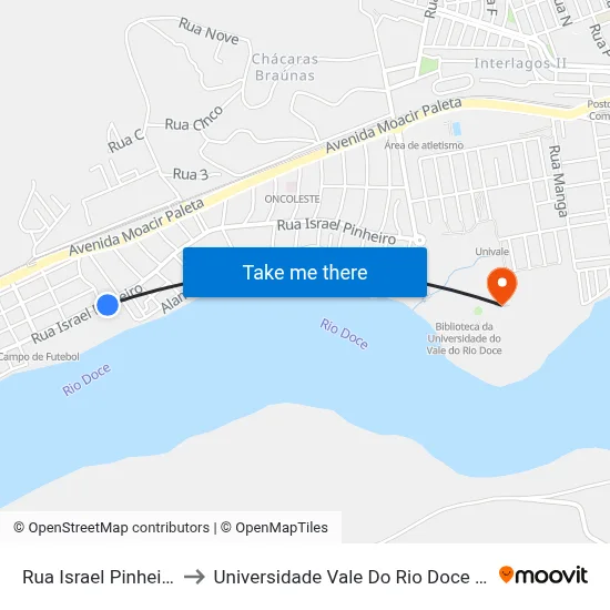 Rua Israel Pinheiro, 560 to Universidade Vale Do Rio Doce - Campus II map