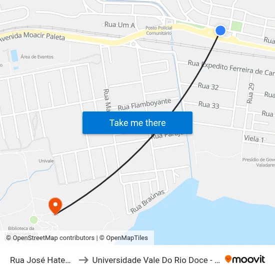 Rua José Hatem, 660 to Universidade Vale Do Rio Doce - Campus II map