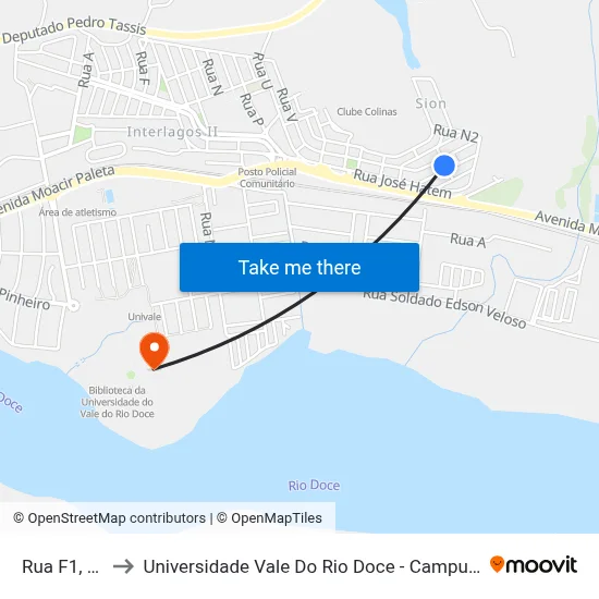 Rua F1, 65 to Universidade Vale Do Rio Doce - Campus II map