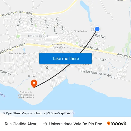 Rua Clotilde Alvarenga, 116 to Universidade Vale Do Rio Doce - Campus II map