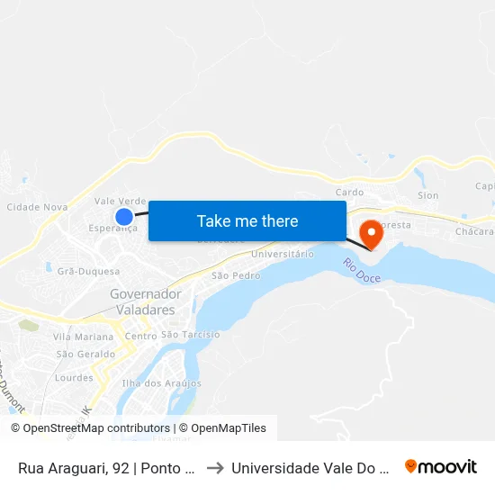Rua Araguari, 92 | Ponto Final Do Santa Helena to Universidade Vale Do Rio Doce - Campus II map