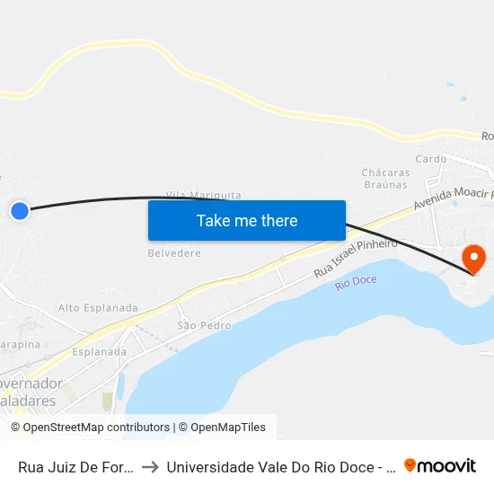 Rua Juiz De Fora, 964 to Universidade Vale Do Rio Doce - Campus II map