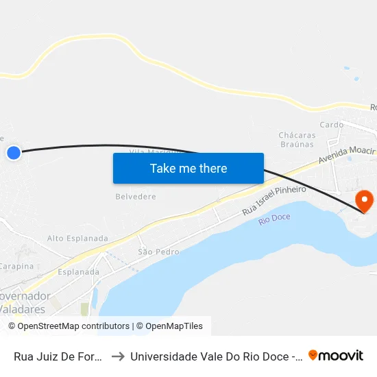 Rua Juiz De Fora, 1122 to Universidade Vale Do Rio Doce - Campus II map