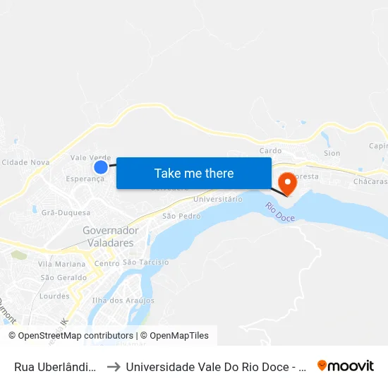 Rua Uberlândia, 355 to Universidade Vale Do Rio Doce - Campus II map