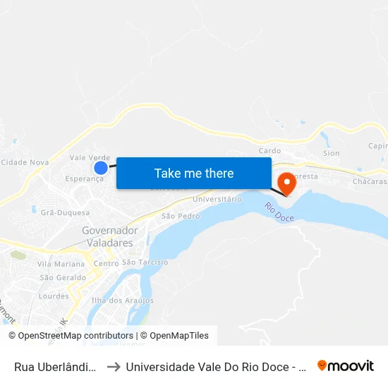 Rua Uberlândia, 352 to Universidade Vale Do Rio Doce - Campus II map