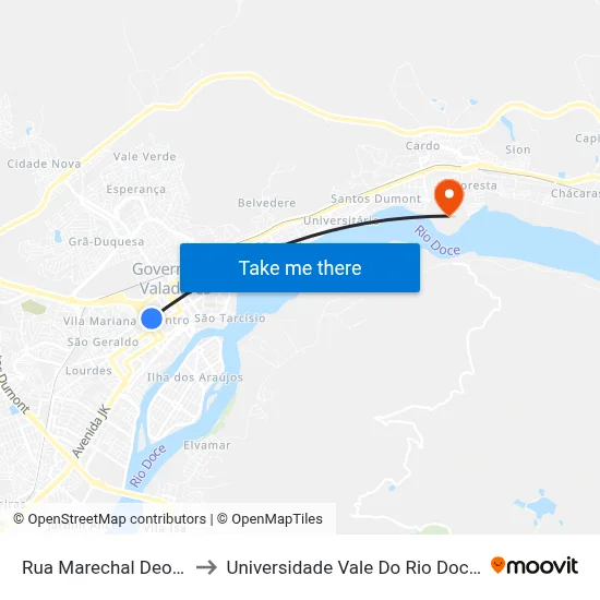 Rua Marechal Deodoro, 696 to Universidade Vale Do Rio Doce - Campus II map