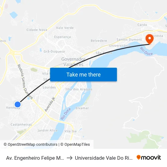 Av. Engenheiro Felipe Moreira Caldas, 706 to Universidade Vale Do Rio Doce - Campus II map