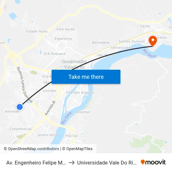 Av. Engenheiro Felipe Moreira Caldas, 645 to Universidade Vale Do Rio Doce - Campus II map